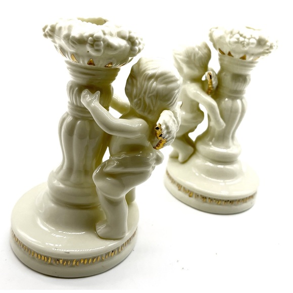 Tapered Candle Holders Cherub Angel Ceramic Gold Rim 2 Piece - Picture 3 of 4